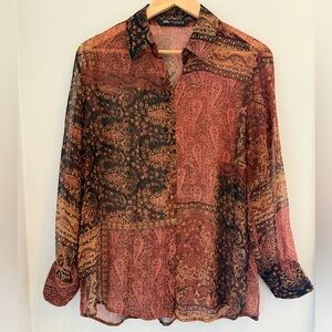 Zara Paisley Patchwork Sheer Button-Up Top in Rust & Black